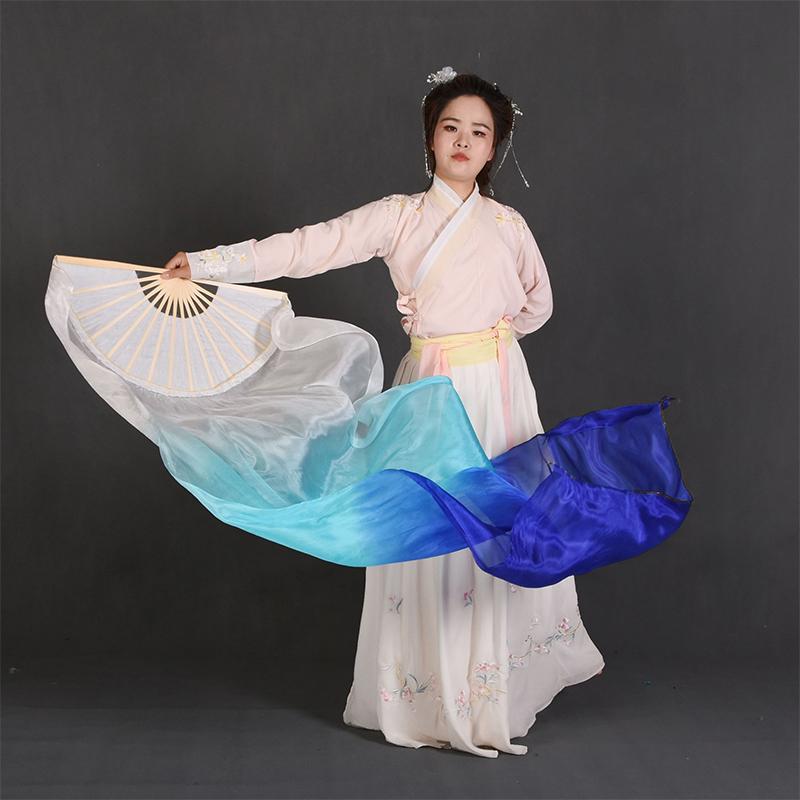 Gradient Silk Women Belly Dance Fan Practice Competition Props Stage Show Costume Accessory Hand Dye Flowy Extra Long 180Cm Fan