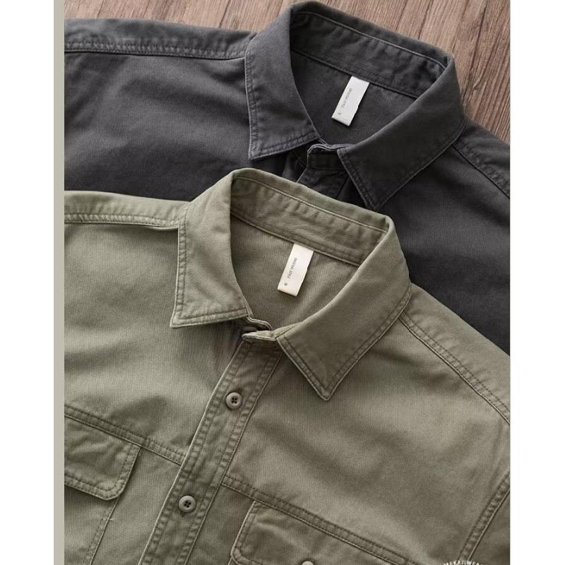 Trendy heavy-duty work shirt for men, thickened twill, loose fit, American retro style, spring and autumn, army green shirt jacket