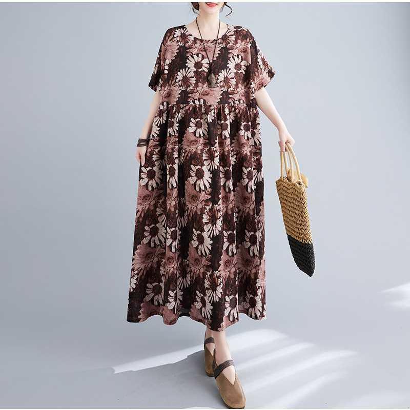 Loose and Fashionable Printed Cotton Linen Short Sleeved Casual Dress