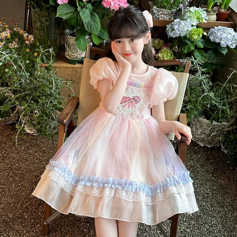 Girls' dress summer 2026 new style girls' big girl summer trendy bubble sleeves ponytail dress summer princess dress trend