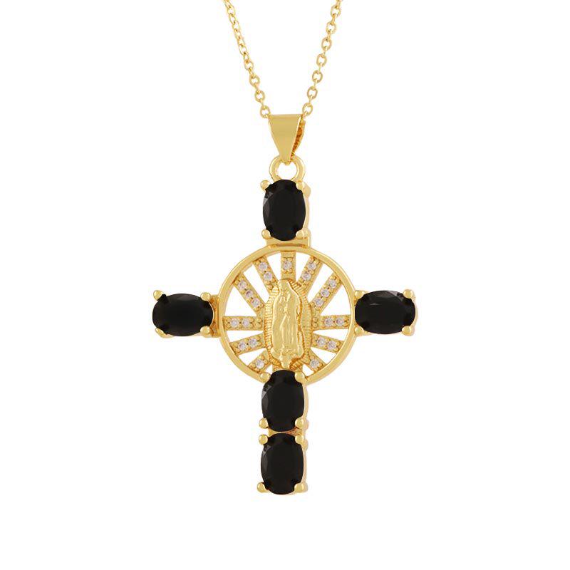 Copper Plated 18K Gold Cross Pendant Necklace with Multi-color Zircon Embellishments