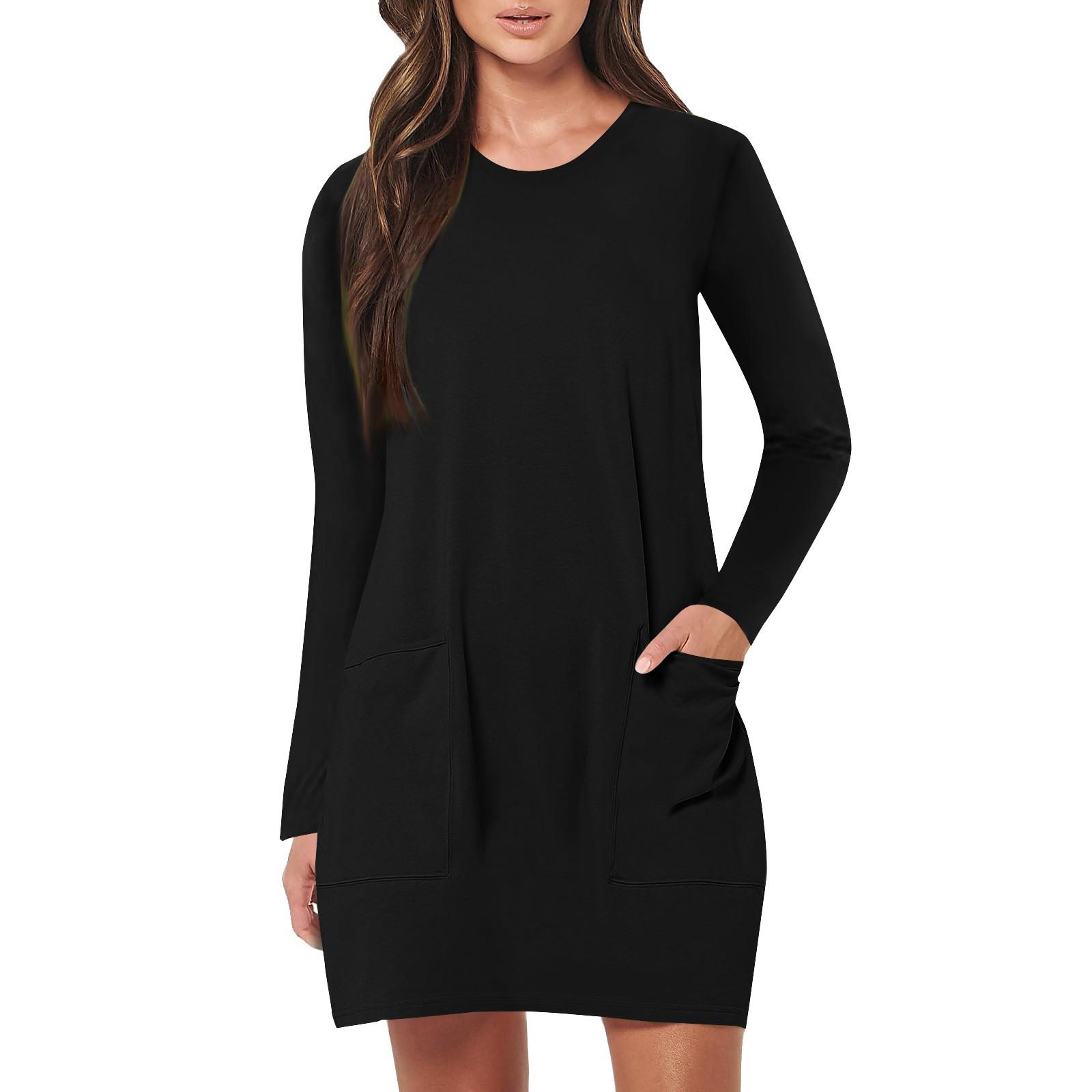 

Женские модные платья с круглым вырезом и карманами средней длины для пляжного отдыха с длинным рукавом S чёрный