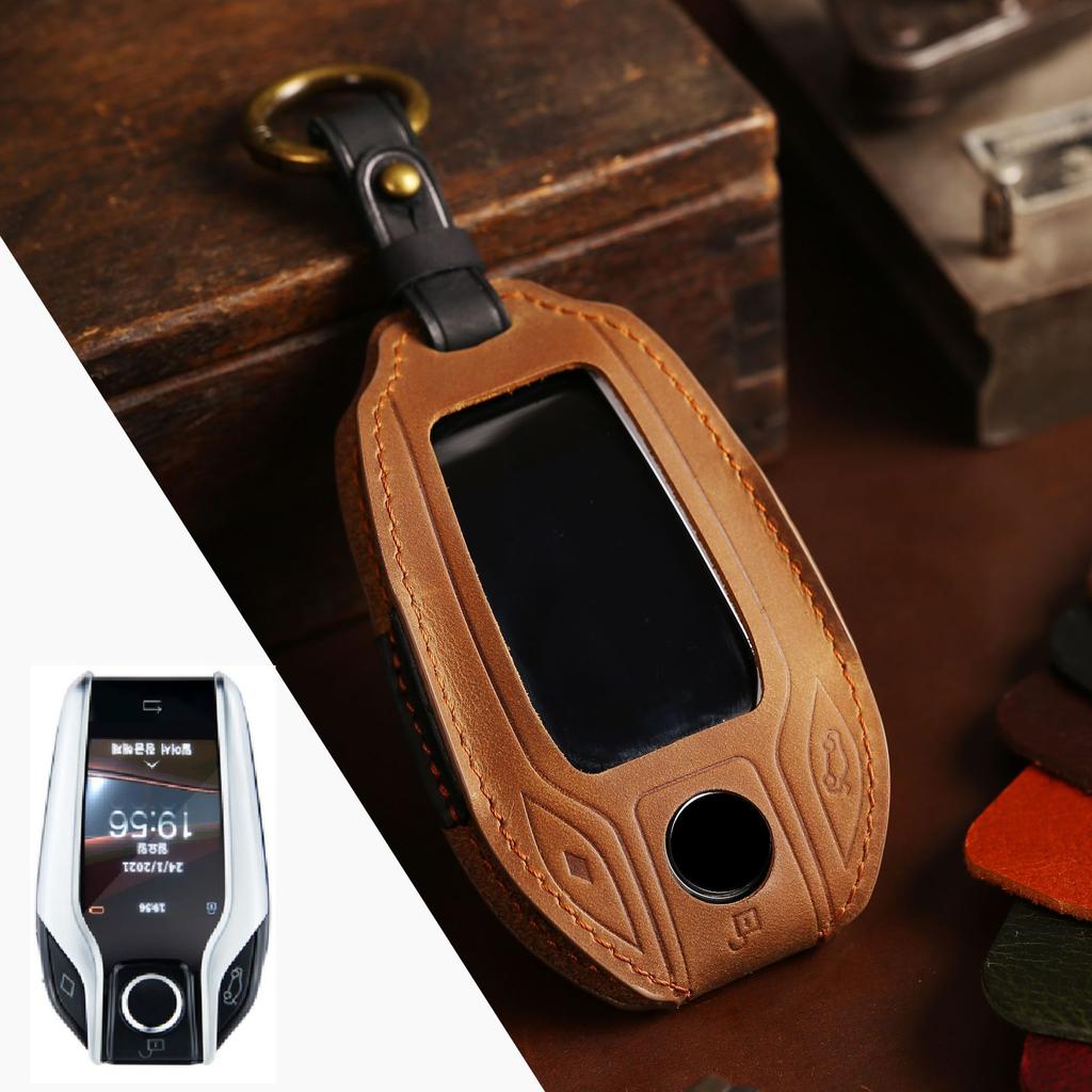 HALLMO Handmade Luxury Leather Car Key Case For BMW LCD Key