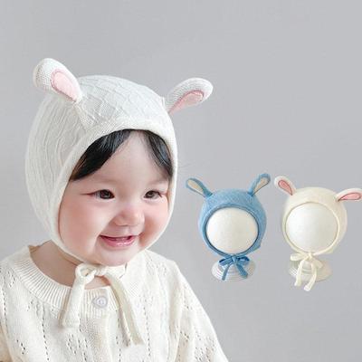 Cute Rabbit Ears Baby Hat Solid Color Cartoon Lace-up Beanie Cap for Newborn Boy Girl Soft Cotton Infant Ear Protection Bonnet