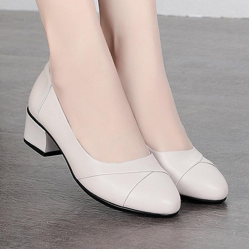 Women Mid Heel Office Lady Pumps PU Leather Black Basic Square Heeled Spring Autumn Loafers