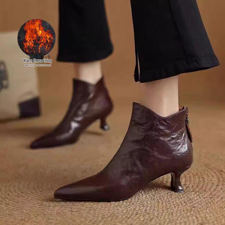 Women's V-Cut Stiletto Heel Ankle Boots, Pointed Toe, Fleece-Lined, Back Zipper - 2025 Autumn/Winter Collection.