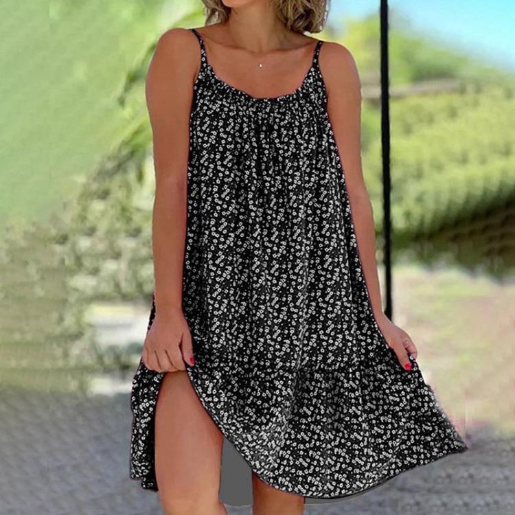 Floral Printed Women's Sleeveless A-line Polyester Beach Dress Loose