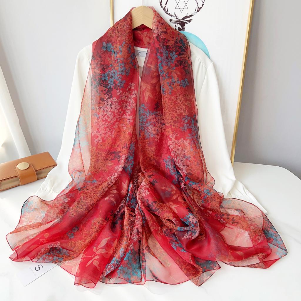 Elegant Flower Print Scarf Thin Smooth Mulberry Silk Shawl Casual Outdoor Sunscreen Windproof Scarf, Mulberry Silk, Very Light Fabric