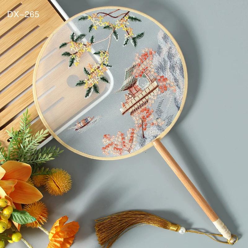 Antique Embroidery Circular Fan Chinese Style Cheongsam Fan Women's Double-Sided Embroidered Transparent round Long Handle Ancient Chinese Clothing