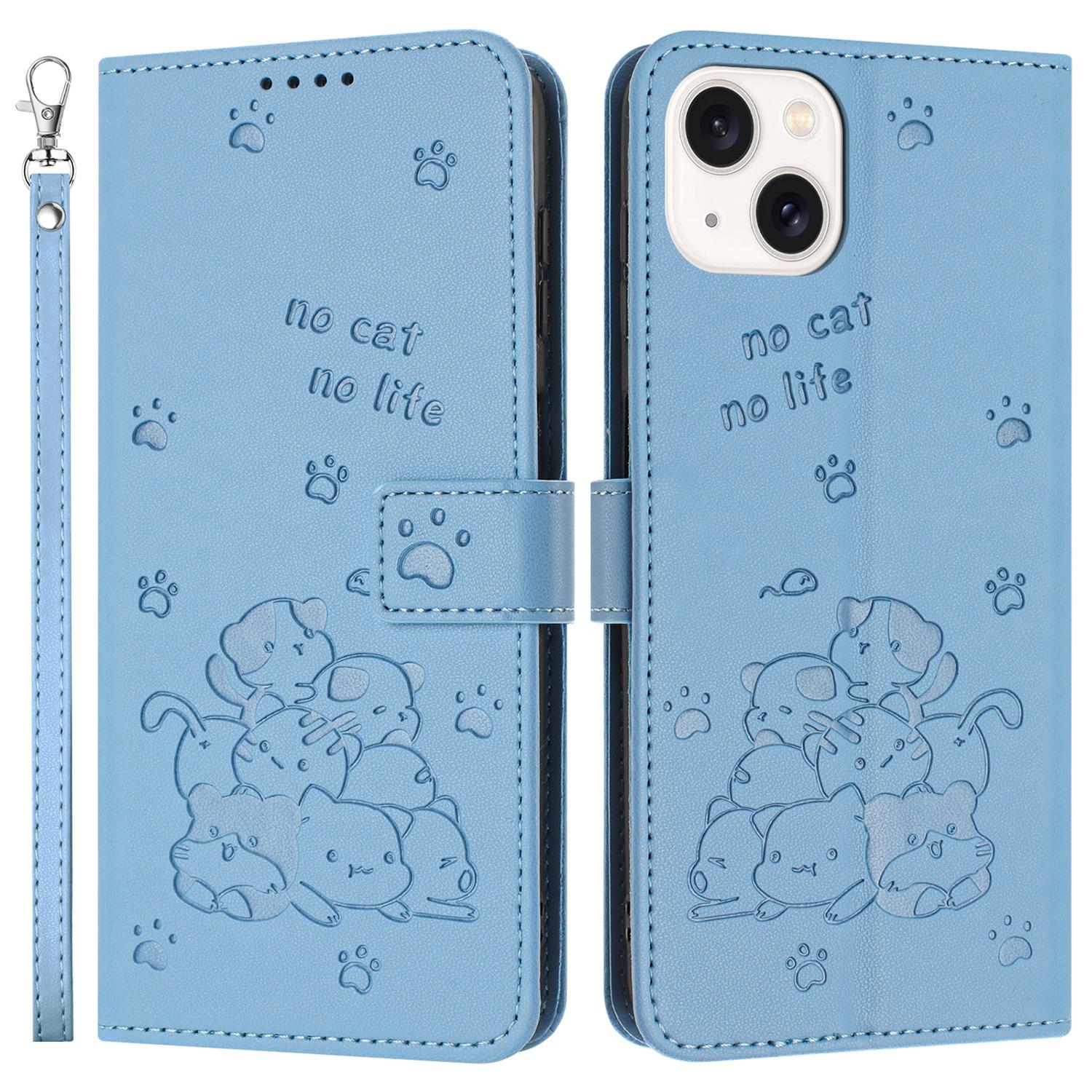 

For iPhone 14/13 Case with Strap Cats Imprint Leather Wallet Phone Cover C