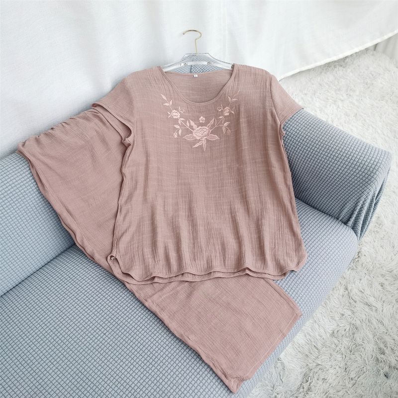 

Пожилой и пожилой льняной костюм пижама летний свободный большого размера с коротким рукавом брюки комплект из двух предметов можно носить как верхнюю одежду вышитый Skin color 2XL