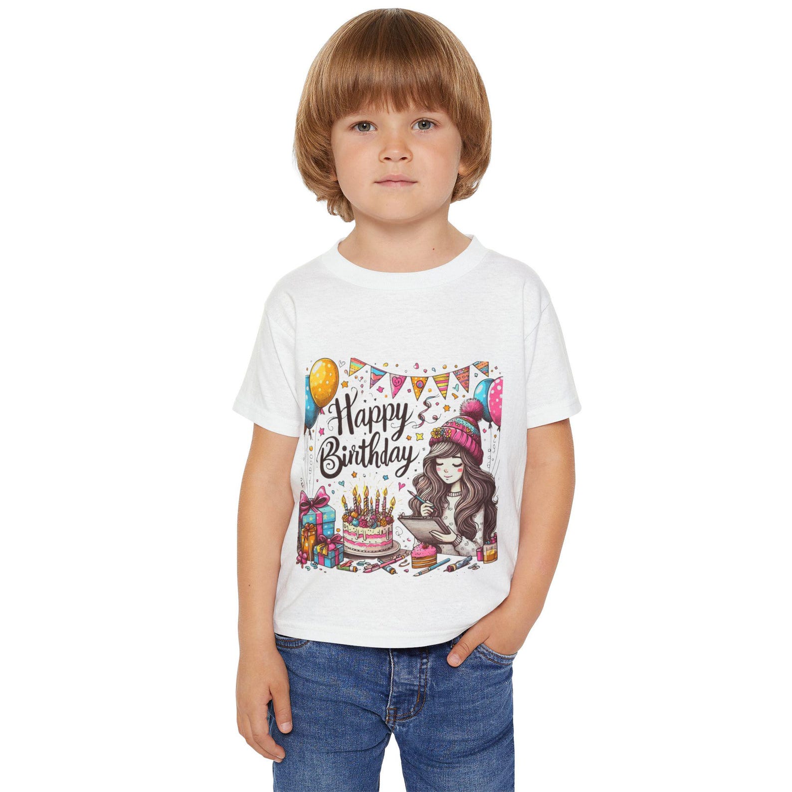 Happy Birthday Girl illustration Toddler T-shirt | Birthday Party Tee 140
