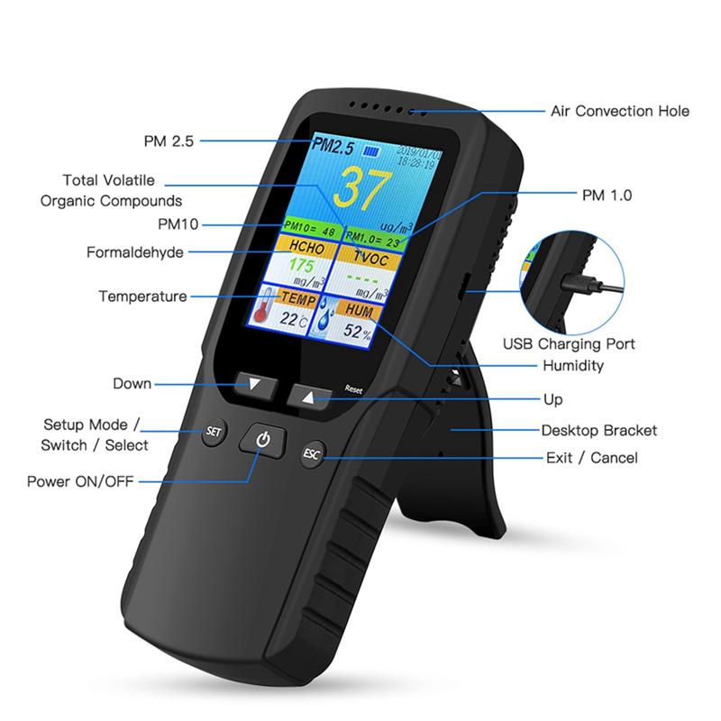

A96I-2X 9 In 1 Air Quality Monitor Indoor Outdoor PM2.5, PM1.0, PM10, HCHO, Detector Tester Temperature And Humidity Sensor чорний