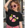 Girls Summer Crew Neck Short Sleeve T-Shirt with Cartoon Strawberry & Heart Print