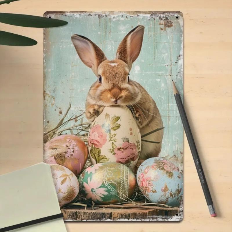 Vintage Easter Bunny Floral Eggs Metal Tin Sign Rustic Wall Art Home Decor