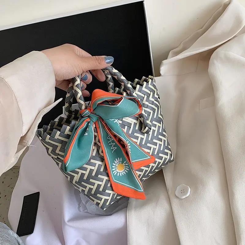 Handgewebte Gemüsekorbtasche für Damen aus umweltfreundlichem Material, Strohtasche, bunte kleine Einkaufshandtasche für Damen