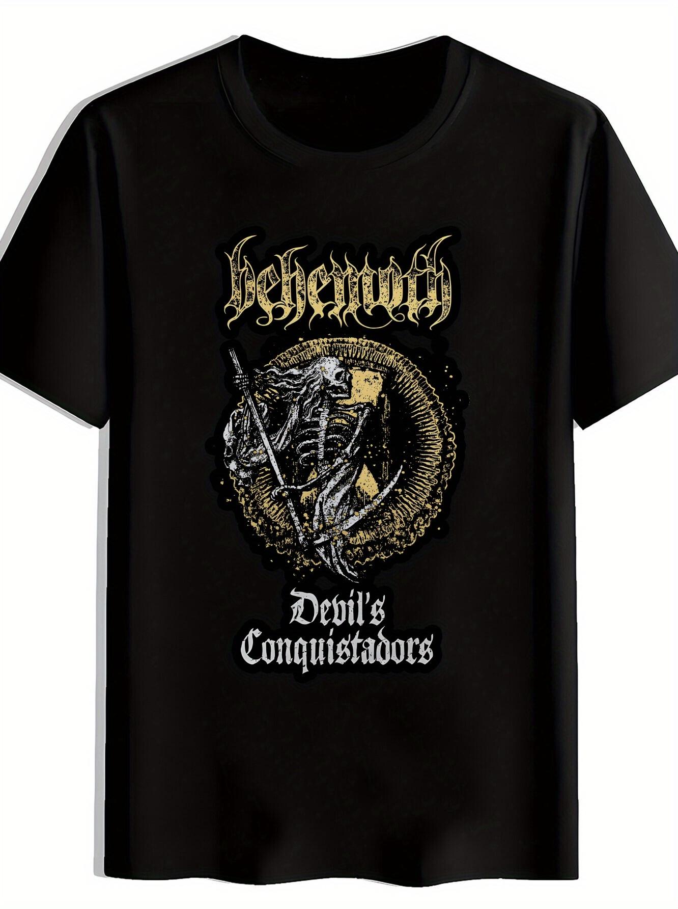 Vintage Rock Band Graphic T-shirt - Black Short Sleeve Round Neck Tee with Gothic Lettering & Skeletal Warrior Artwork S