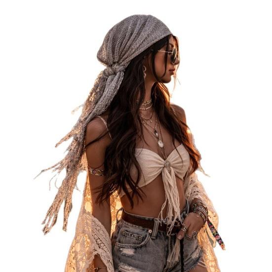 Hip Hop Headscarf Multi-Use Turban Triangle Scarf with Tassel Design Glossy