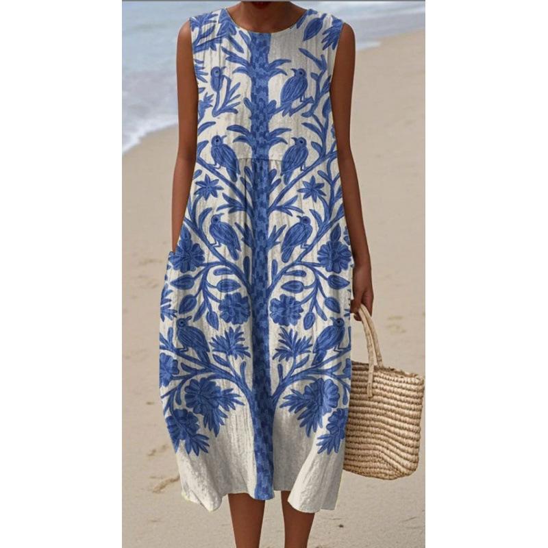 Summer new sleeveless pocket casual printing temperament long dress dress slim dress