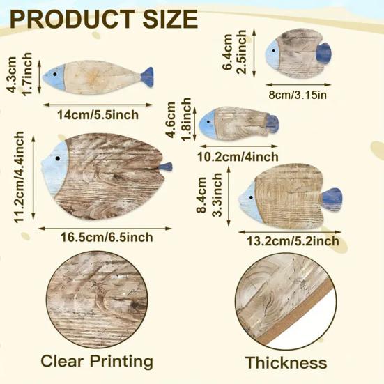 5Pcs/Set Vintage Wooden Fish Wall Decoration Nautical Coastal Ocean Theme Hanging Ornament School of Fish Beach Lake House Bathroom Wall Art