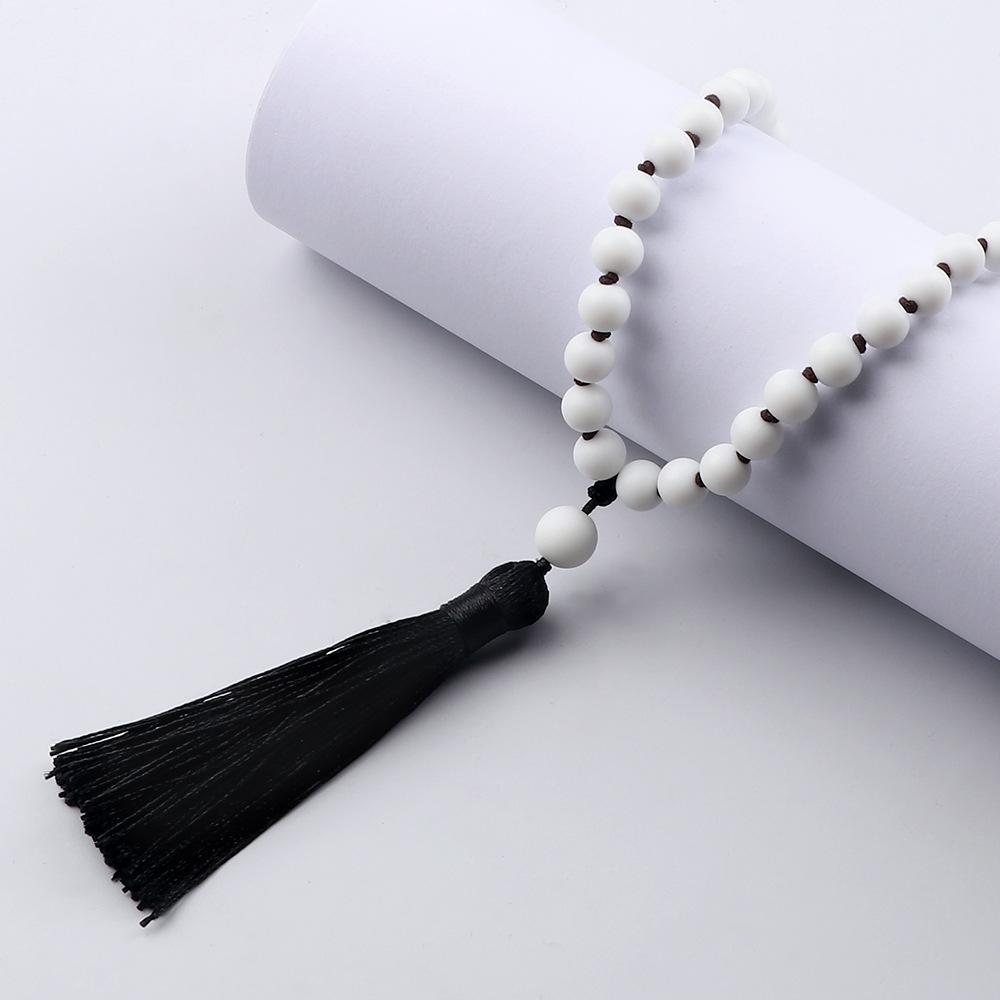 European 8mm Stone Bead Tassel Necklace and Multi-Strand Buddhist Bead Bracelet