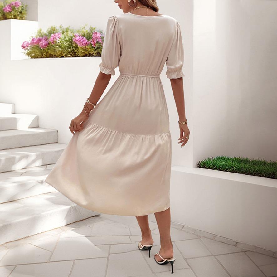 YYFS Women's Fashion Summer Spring Solid Color Print Short Sleeve V-Neck High Waist Casual Dresses