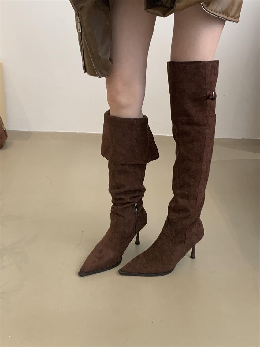 

High-heeled small man stacked long boots autumn and winter new niche retro suede thin boots knee knight boots high boots 39 кофейный
