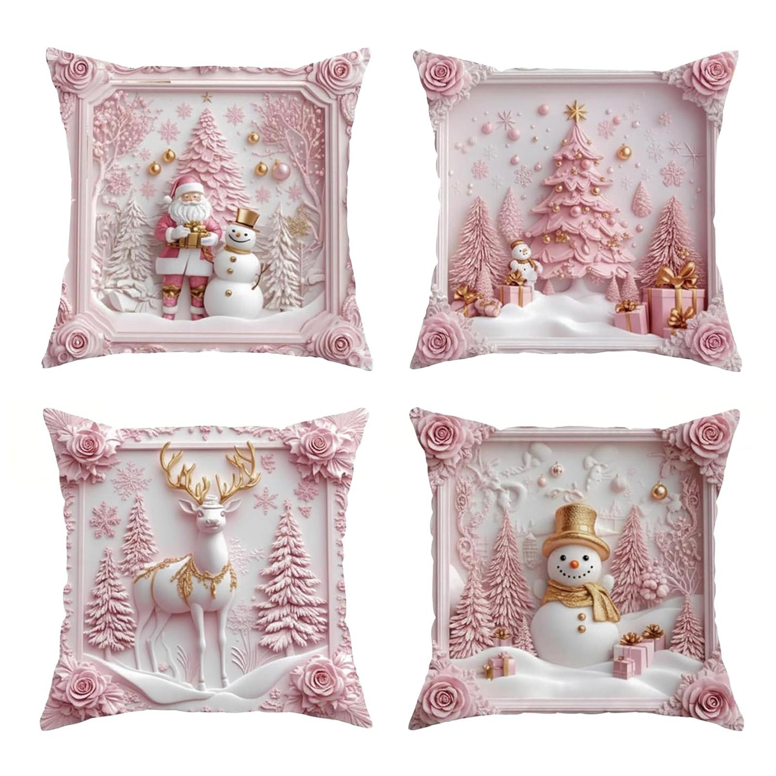

4Pcs Pink Christmas Pillow Cover Single Side Throw Pillow Case Xmas Pillow Shell for Winter Holiday Home Bedroom Sofa Decors 18inch рожевий