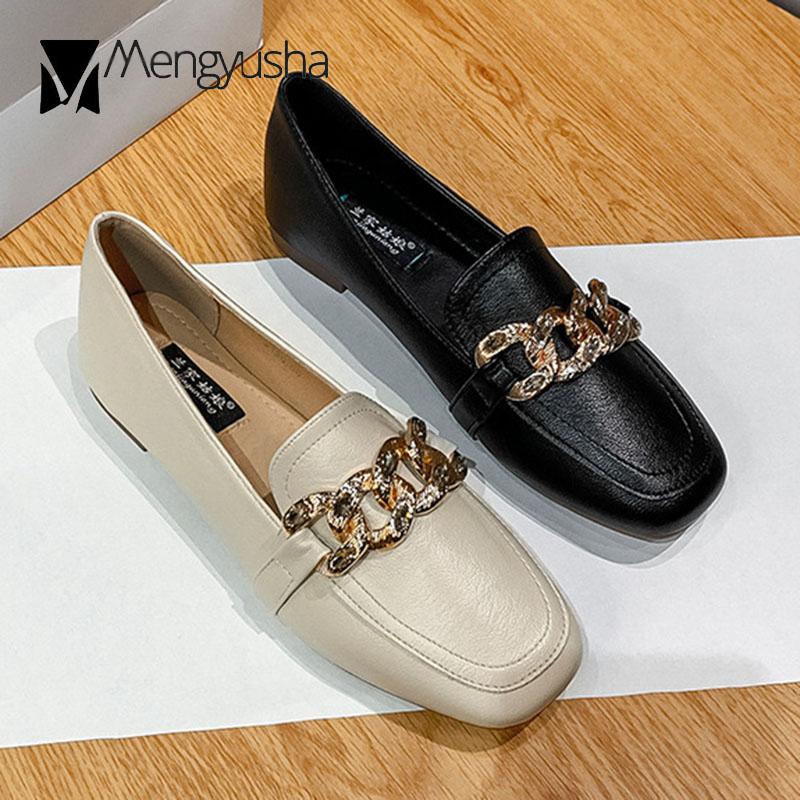 Modische weiche PU-Lederschuhe für Damen, Allround-Slipper, Slip-On-Derbys, quadratische Zehenpartie, Oxfords, große Größe 34-43, flache Damenschuhe mit Metallkette