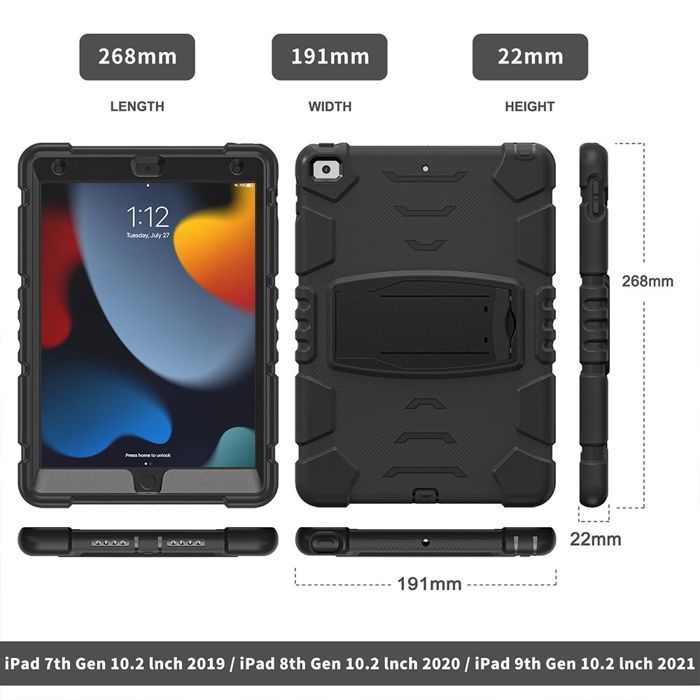 Case for iPad 10.2" - Full Protection - Shockproof - Foldable Stand - Black - Silicone/PC
