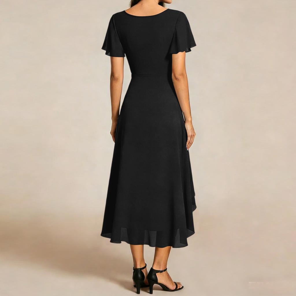 Women's Summer Dress Slim Fit Dress Color Chiffon V Neck Short Sleeved Dress