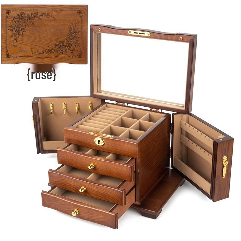 Scatola Portagioie in Legno Massello Intagliato di Lusso - Stile Antico, Contenitore Multi-livello per Orecchini e Collane