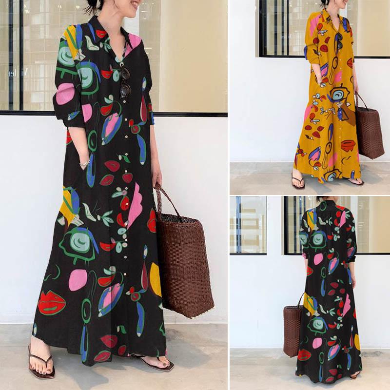Cotton Linen Long Sleeve Loose Casual Shirt Dress for Plus Size Women