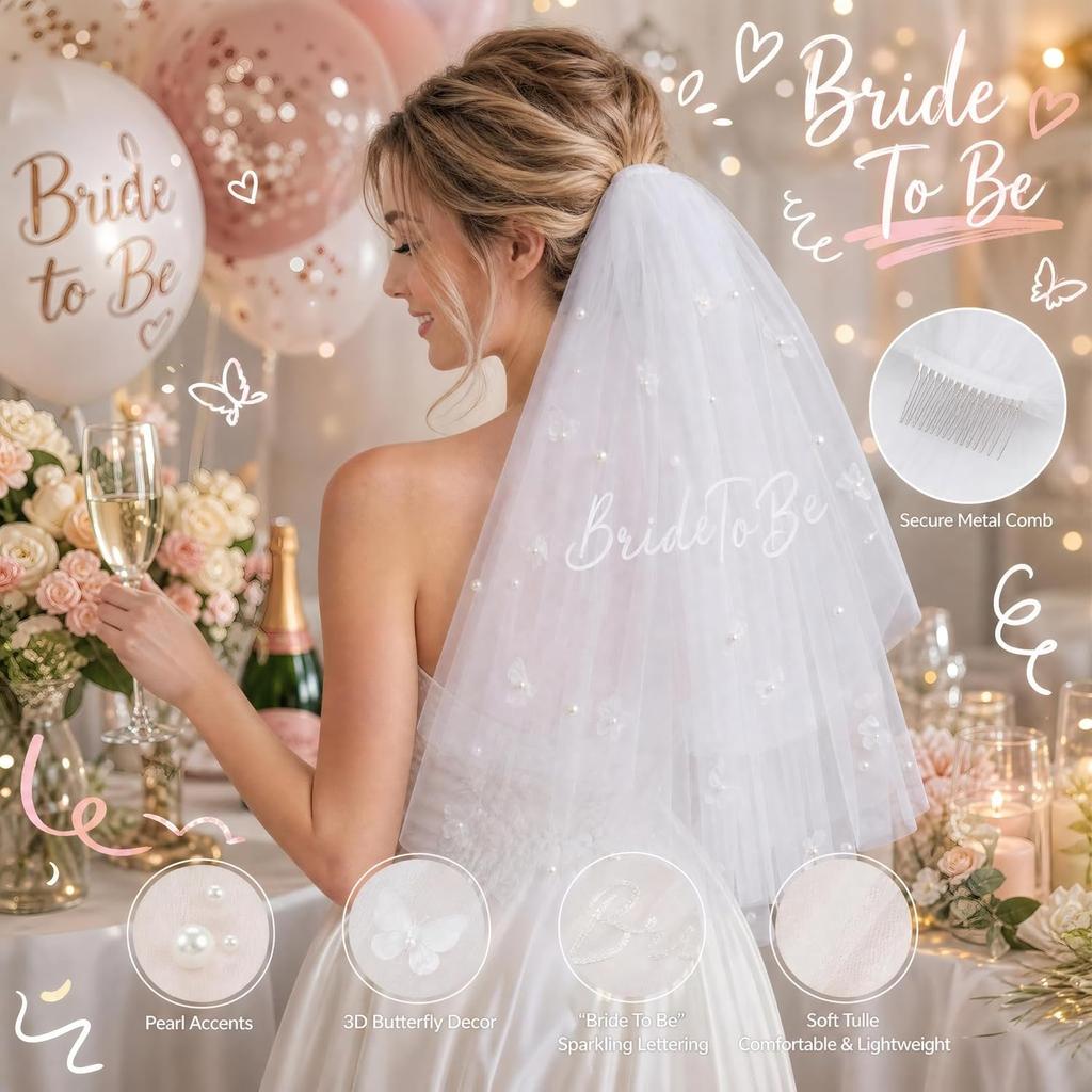White Short Wedding Veil Short Bridal Veils Pearl Bride Veils | Bachelorette Party Veil,Bachelorette Party Accessories Bridal Shower Gifts for Women