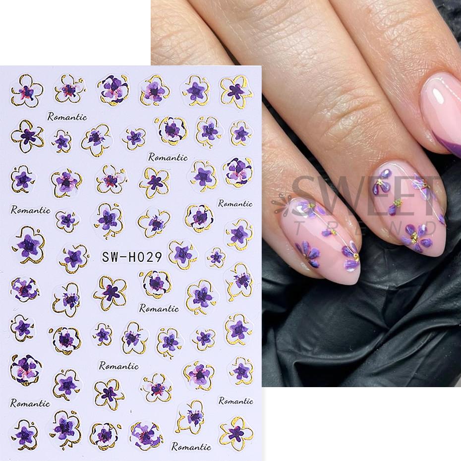 2/3 Stück Gold-Rosa Hibiskusblüten-Nagelsticker 3D Bronzefarbener Rand Blütenblätter Sakura Linien Slider Nagelaufkleber DIY Maniküre Dekor
