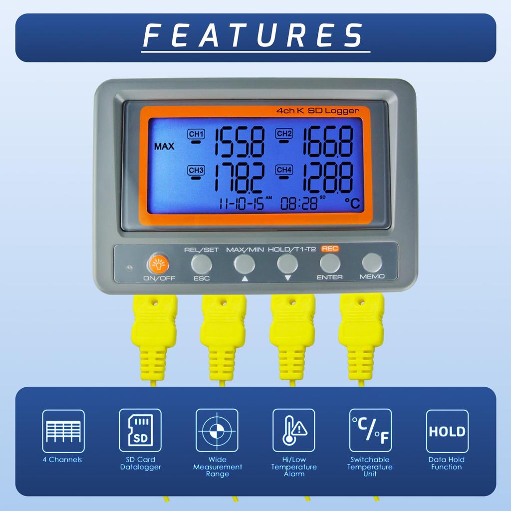 Gain Express Thermoelement-Thermometer Typ K, SD-Karte, Datenloggerfunktion mit 2 Thermoelementsonden Typ K und 8 GB SD-Karte, japanische Anleitung