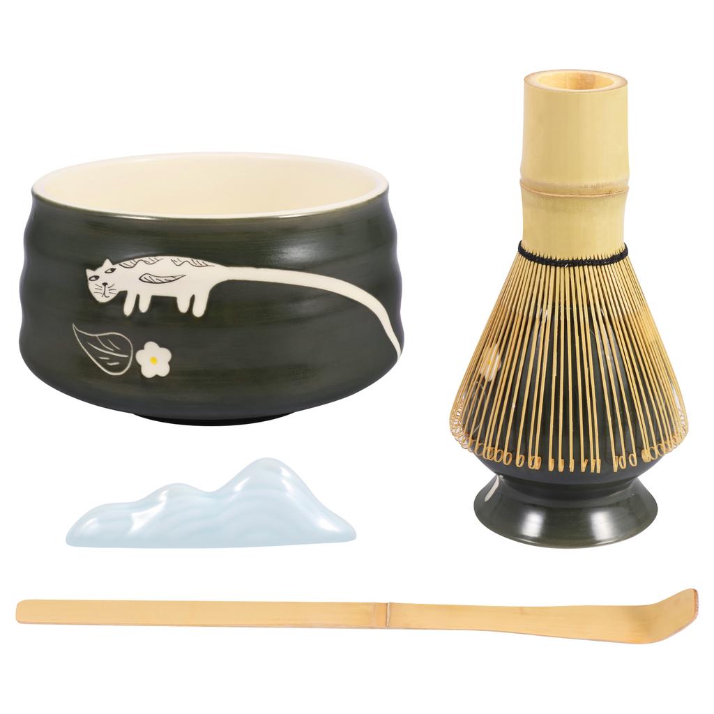 Japanese-style Matcha Making Tool Kit with Ceramic Bowl Whisk/Scoop Holder Bamboo Whisk and Scoop Teaset Giftbox for Tea Lovers