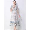 Summer Floral Print Long Dress V Neck Lantern Sleeves Embroidery Design Hollow Out Chic A Line Beachwear Female Dress