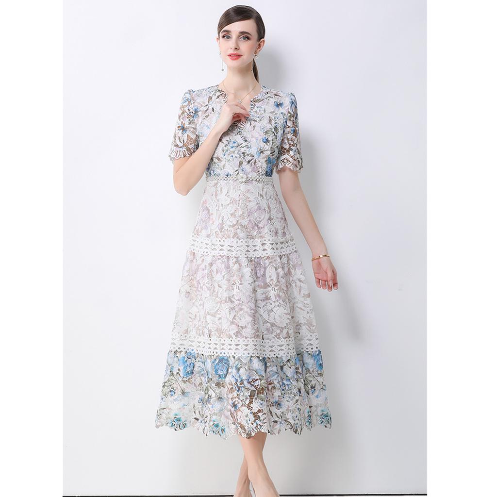 Summer Floral Print Long Dress V Neck Lantern Sleeves Embroidery Design Hollow Out Chic A Line Beachwear Female Dress