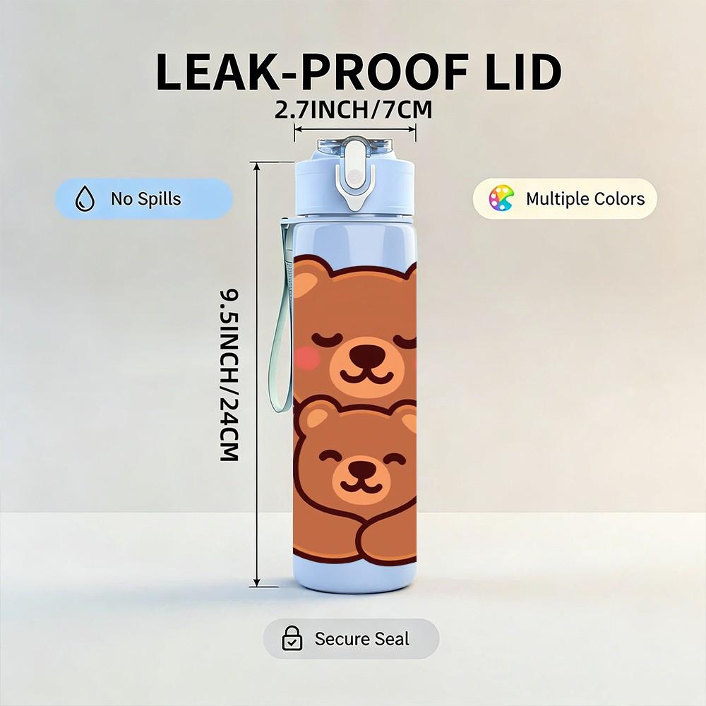 1PC Two Brown Bear Warm Hug Cartoon Print 750ml Color Plastic Sports Water Bottle Leakproof Flip Straw Lid Suitable for Sports Office Home Use