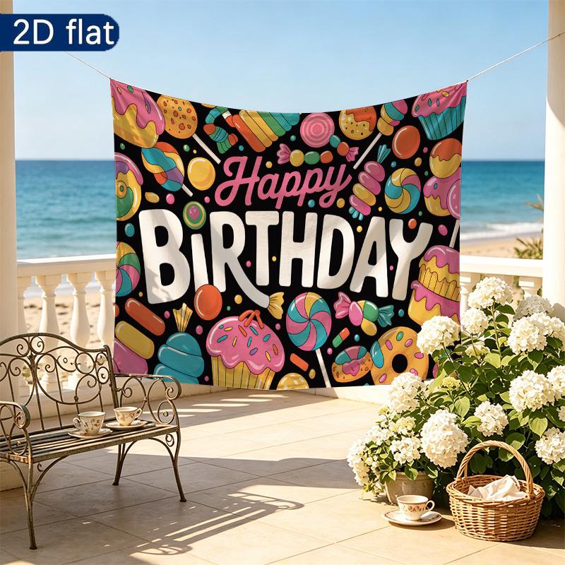 Gifts Candy Sweet Happy Birthday Party Banner, Multicolor Polyester Backdrop for Celebration & Photos