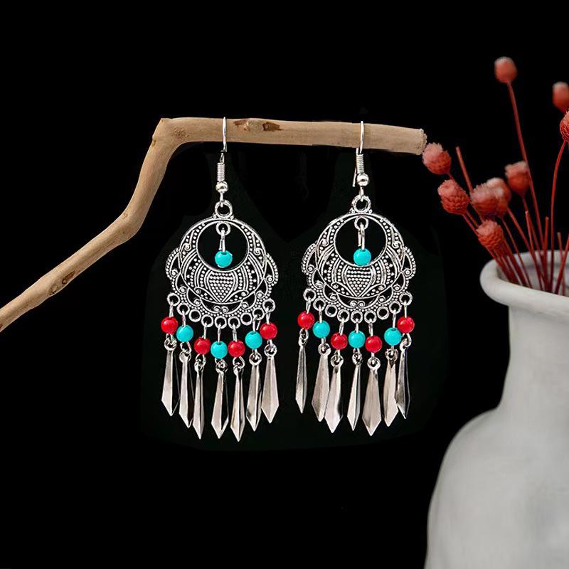 Ethnic Miao Silver Leaf Tassel Dangle Earrings - 2025 Style