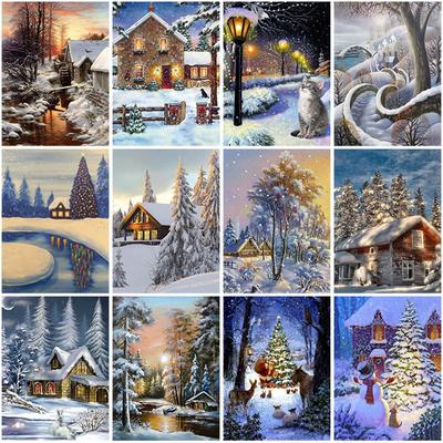 Peinture diamant 5D à perceuse ronde complète, broderie complète 5D, maison, arbre, neige, hiver, point de croix, strass, décoration de la maison