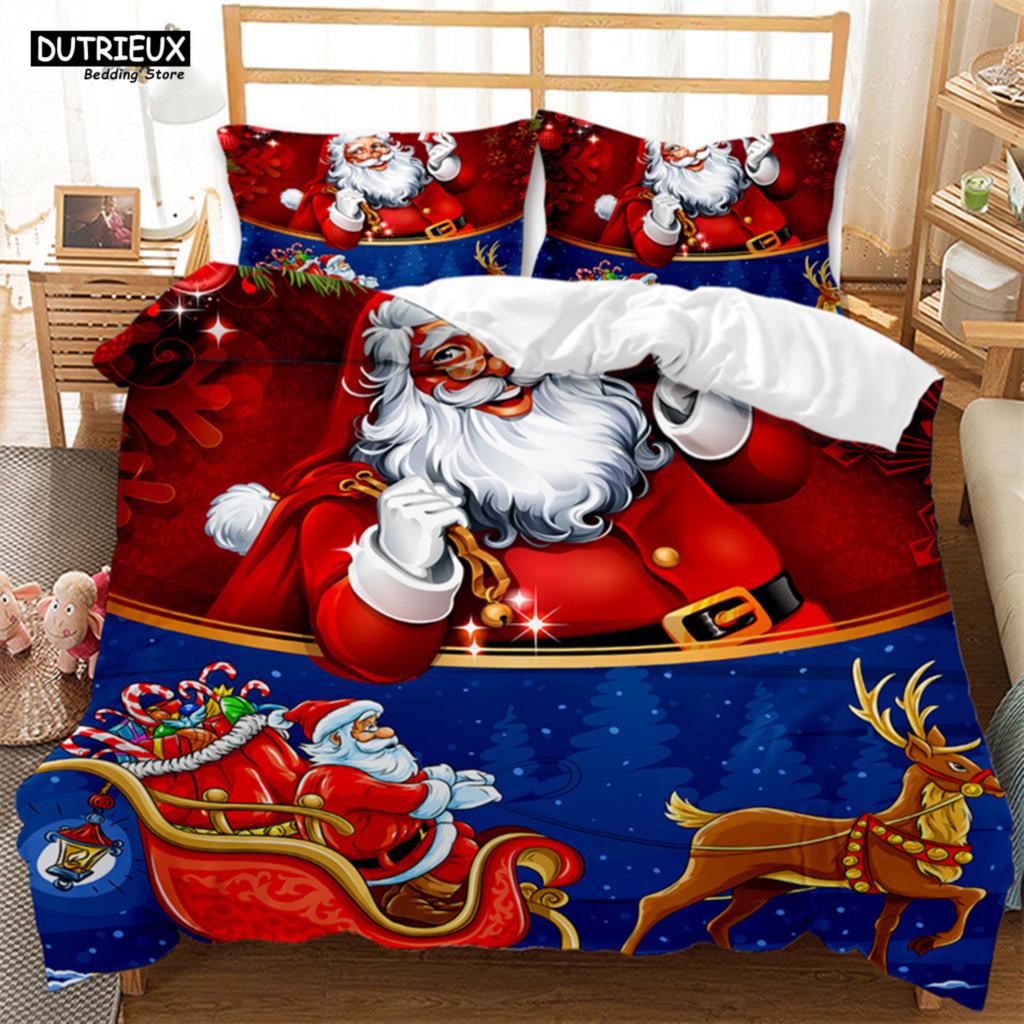 Christmas Santa Duvet Cover Set Winter Theme Cartoon Bedding Set Microfiber Santa Claus Elk Carriage Comforter Cover Girl Boy