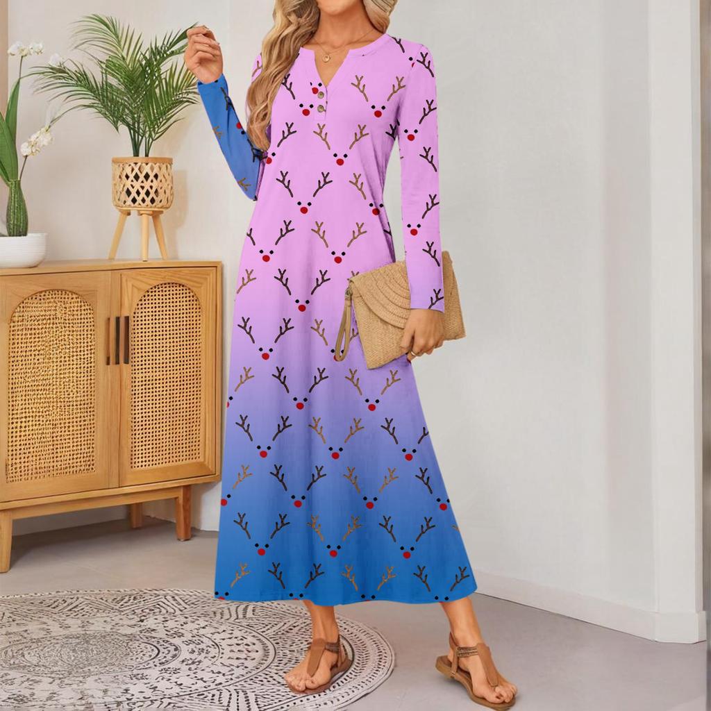 women's cute printed long-sleeved comfortable loose dress, elegant dress