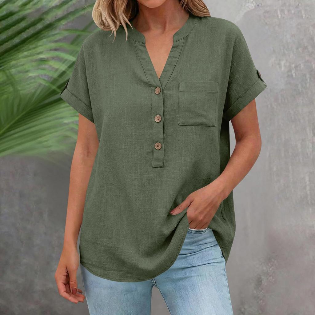 Women's Color Shirt Short Sleeve Button Casual Cotton And Hemp Pocket Top
