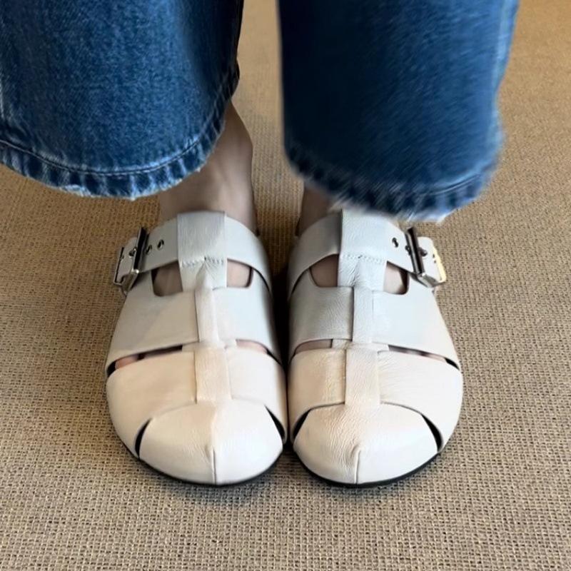 2025 new summer retro hollow woven bag head half slippers fashionable versatile not tired feet thick-soled Roman sandals