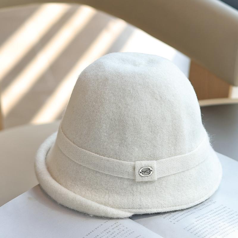 Pure Wool Bucket Hat Women's Winter New Retro Top Hat Curled Edge Shows the Face Small British Lady Basin Hat