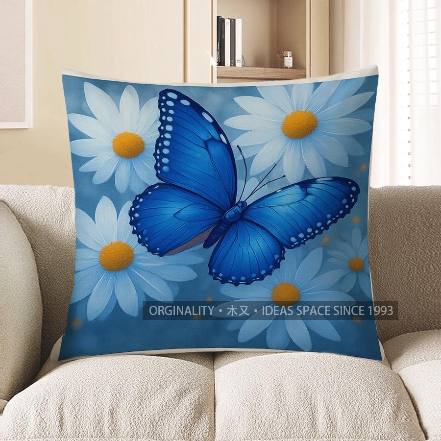 Home Decor Blue Butterfly &amp; White Flowers Pillow Cover Pattern Cushion Cover Suitable For Sofa Bedroom Car Pillow Cover