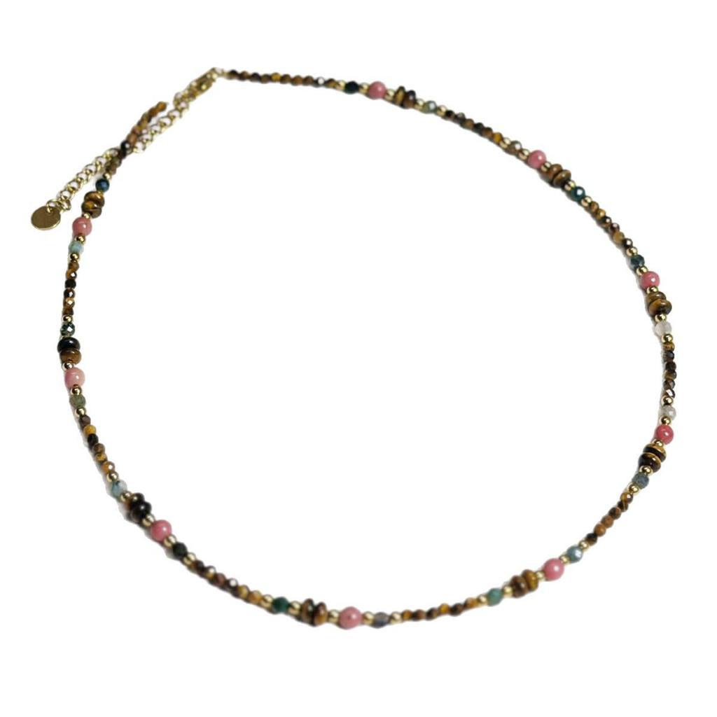 Maillard Style Natural Stone & Pearl Beaded Necklace - Tiger Eye & Pink Rose Choker